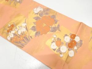 アンティーク　色紙に牡丹・万寿菊・菖蒲模様織り出し袋帯（材料）